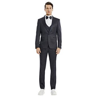 Men’s Skinny-Fit 3 pc Polka Dotted Suit Set with Satin Shawl Collar on Vest