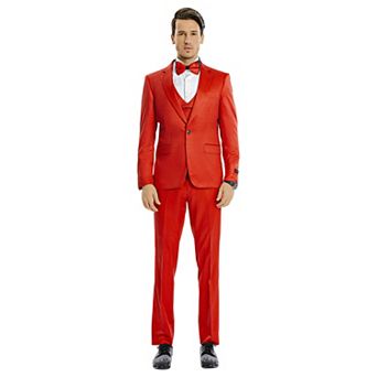 Men’s Skinny-Fit 3 pc Polka Dotted Suit Set with Satin Shawl Collar on Vest