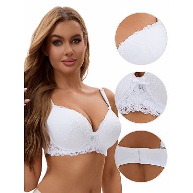 3 Pcs for Women's Lace Full Coverage Adjustable Strap Push Up Bras, Available in Plus Size