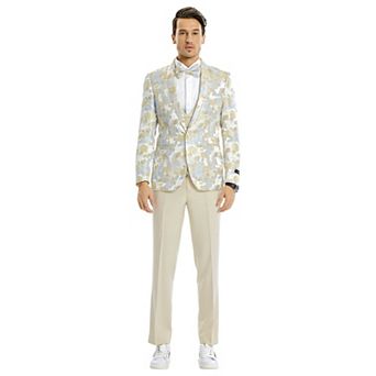 Men’s Skinny-Fit 3 pc Floral Suit Set with Satin Shawl Collar on Vest