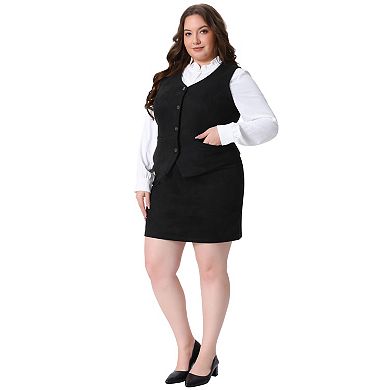 Women's Plus Size 2 Piece Blazers Set, Fully Lined 4 Button Suit Vest and Faux Suede Mini Skirt