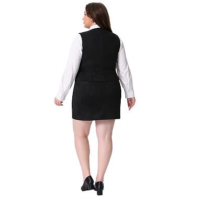 Women's Plus Size 2 Piece Blazers Set, Fully Lined 4 Button Suit Vest and Faux Suede Mini Skirt