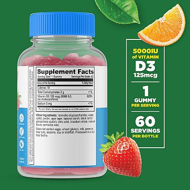 Lifeable® Sugar Free Vitamin D 5,000 IU Gummies - Bone Health And Immunity - 60 Gummies