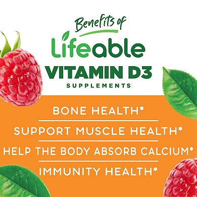 Lifeable® Sugar Free Vitamin D for Kids 1,000 IU Gummies - Bone Health, Immunity - 60 Gummies
