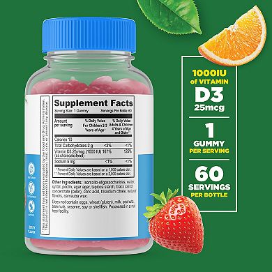 Lifeable® Sugar Free Vitamin D for Kids 1,000 IU Gummies - Bone Health, Immunity - 60 Gummies