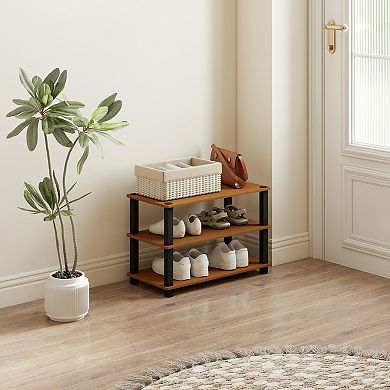 Furinno 3-Tier 23.6"W Wood & PVC Tubes Shoe Rack, Shoe Shelf Holds up to 9 Pairs for Enterway