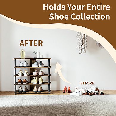 Furinno 5-Tier Wood & Stainless Steel Tubes Shoe Rack, Holds up to 12 Pairs, Amber Pine & Black