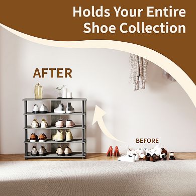 Furinno 5-Tier Wood & Stainless Steel Tubes Shoe Rack, Holds up to 12 Pairs, French Oak Gray & Black