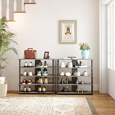 Furinno 5-Tier Wood & Stainless Steel Tubes Shoe Rack, Holds up to 12 Pairs, French Oak Gray & Black