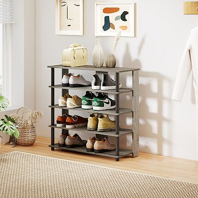 Furinno 5-Tier Wood & Stainless Steel Tubes Shoe Rack, Holds up to 12 Pairs, French Oak Gray & Black