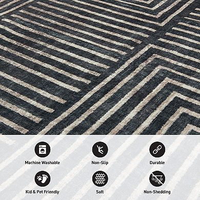 World Rug Gallery Distressed Bohemian Stripes Washable Non-Slip Rug