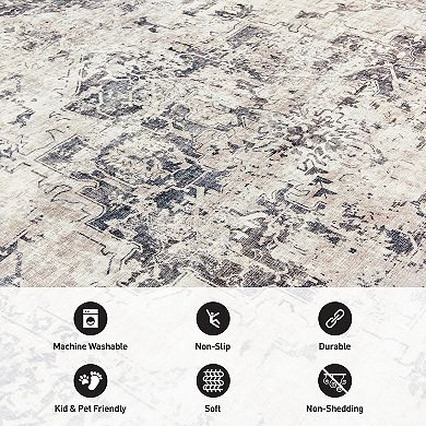 World Rug Gallery Transitional Distressed Medallion Washable Non-Slip Rug