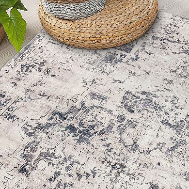 World Rug Gallery Transitional Distressed Medallion Washable Non-Slip Rug