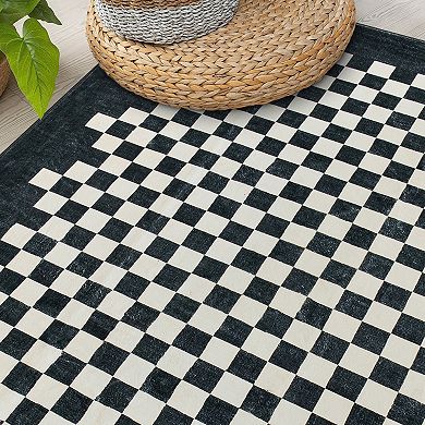 World Rug Gallery Contemporary Checkered Border Washable Non-Slip Rug