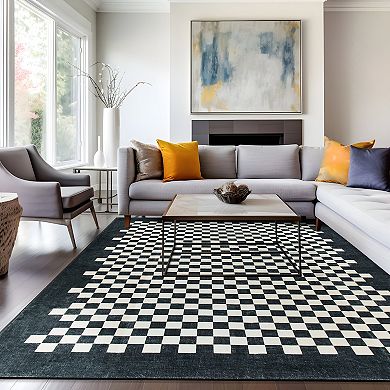 World Rug Gallery Contemporary Checkered Border Washable Non-Slip Rug