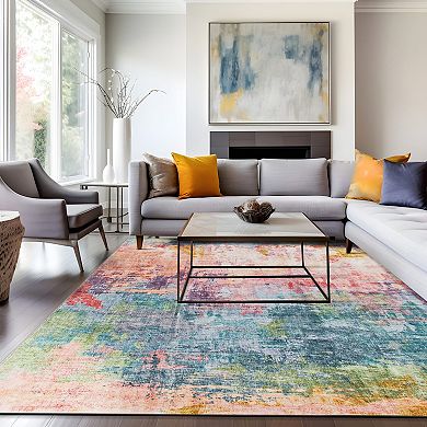 World Rug Gallery Contemporary Distressed Abstract Washable Non-Slip Rug