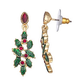 Napier Holiday Adorn Gold-Tone Holly & Red Crystal Drop Earrings