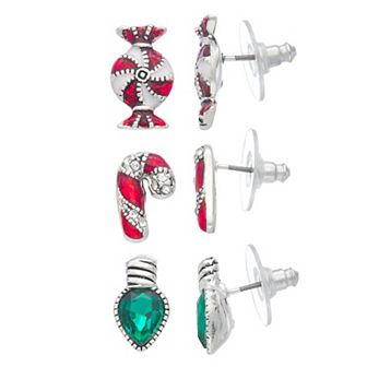 Napier Holiday Adorn Candy Drop, Candy Cane & Christmas Light Stud Earring Set