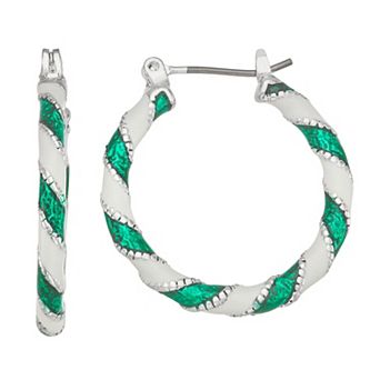 Napier Holiday Adorn 25 mm Green Candy Cane Hoop Earrings