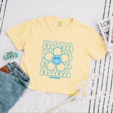 S.W.Smiley Mama Stacked Flower - Women's Boxy Crop Top Graphic T-Shirt