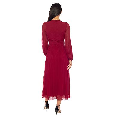 Women's Marina V-Neck Pleated Dress with Long Sleeves