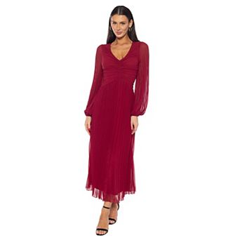 Women's Marina V-Neck Pleated Dress with Long Sleeves