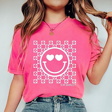 S.W.Smiley Checkered Floral Outline - Women's Garment Dyed Graphic T-Shirt
