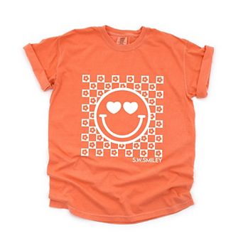 S.W.Smiley Checkered Floral Outline - Women's Garment Dyed Graphic T-Shirt