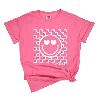 S.W.Smiley Checkered Floral Outline - Women's Garment Dyed Graphic T-Shirt