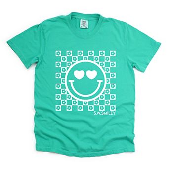 S.W.Smiley Checkered Floral Outline - Women's Garment Dyed Graphic T-Shirt