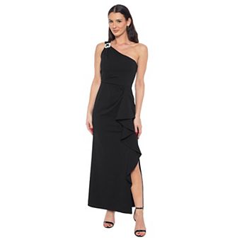 Women's Marina Scuba Crepe One Shoulder Ruffle Gown