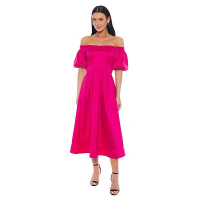 knee length dresses for ladies Red Off-the-Shoulder Puff Sleeve Midi Dress – Modsele main image 1