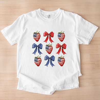 Simply Sage Market Coquette Bows And USA Strawberries Garment Dyed Tee