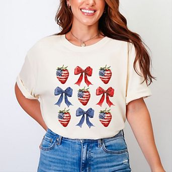 Simply Sage Market Coquette Bows And USA Strawberries Garment Dyed Tee
