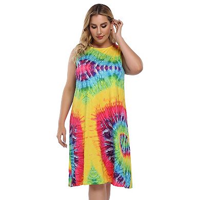 Womens Tie Dye Dress Plus Size Casual Boho Sundress Summer Sleeveless Dresses
