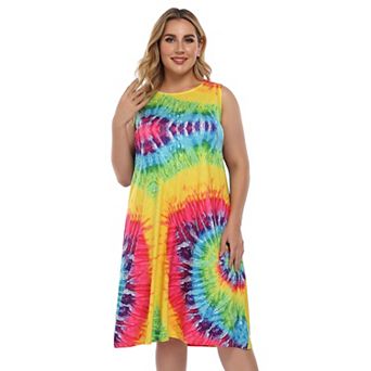 Womens Tie Dye Dress Plus Size Casual Boho Sundress Summer Sleeveless Dresses