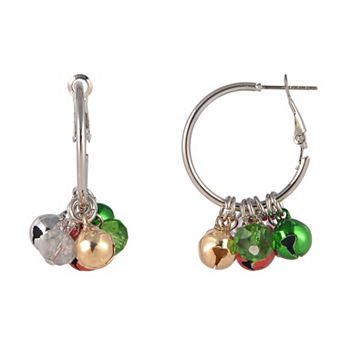 Silver Tone Jingle Bell Hoop Earrings