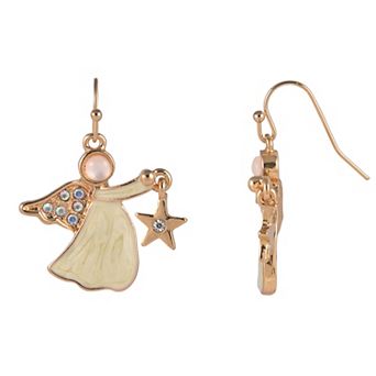 Gold Tone Enamel & Simulated Stone Angel Earrings