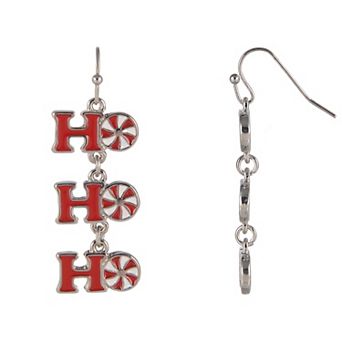 Silver Tone Red & White Enamel HO HO HO Peppermint Candy Linear Earrings