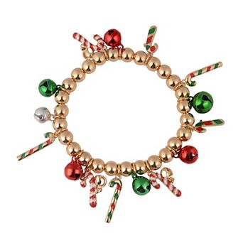 Gold Tone Candy Cane Charm & Jingle Bells Beaded Stretch Bracelet