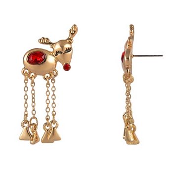 Gold Tone Chain Leg & Red Simulated Stone Reindeer Earrings