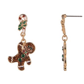 Gold Tone Enamel Gingerbread Man & Candy Cane Drop Earrings