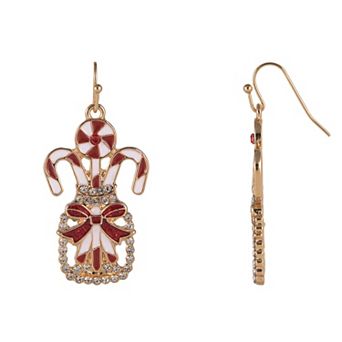 Gold Tone Enamel & Simulated Stone Mason Jar & Candy Cane Drop Earrings