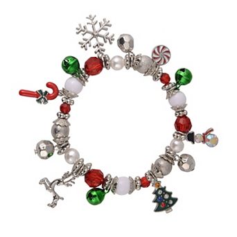 Silver Tone Christmas Charm Beaded Stretch Bracelet