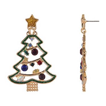Gold Tone Christmas Tree Simulated Stone Accent Earrings