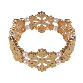 Gold Tone Snowflake Simulated Pearl Stretch Bracelet