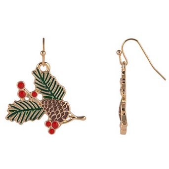 Gold Tone Holly & Acorn Dangle Earrings