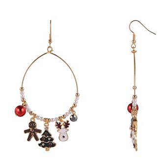 Gold Tone Enamel Christmas Charms Teardrop Earrings