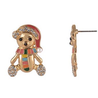 Gold Tone Christmas Bear with Santa Hat Earrings