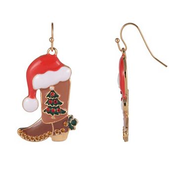 Gold Tone Brown Cowboy Boot Santa Hat Earrings